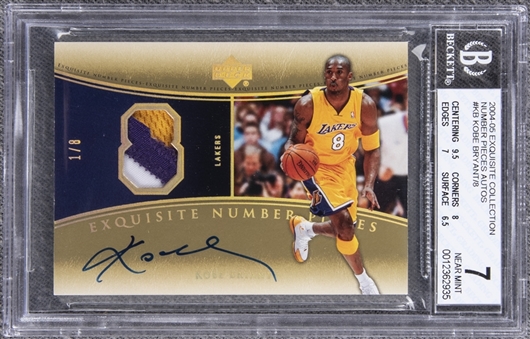 2004-05 UD "Exquisite Collection" Number Pieces Autographs #KB Kobe Bryant Signed Game Used Patch Card (#1/8) – BGS NM 7/BGS 10